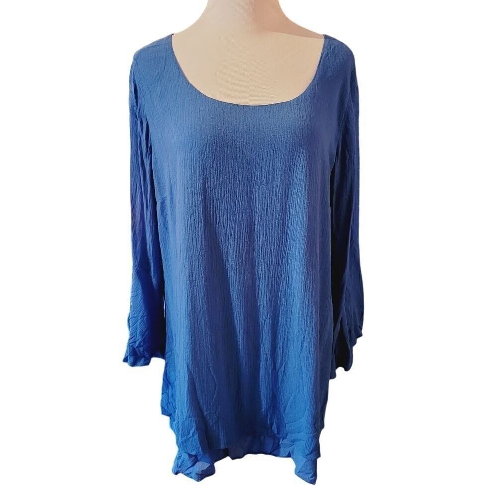 Soft Surroundings Tunic Top Flowy Long Sleeve Blue Blouse Womens Large Textured‎